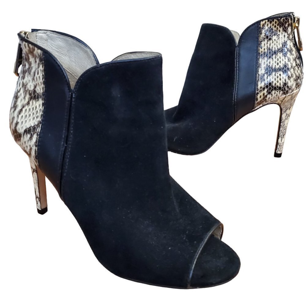 Louise et Cie Snake Black suede Leather Peep Toe Booties 3.5" heels Size 7M / 37